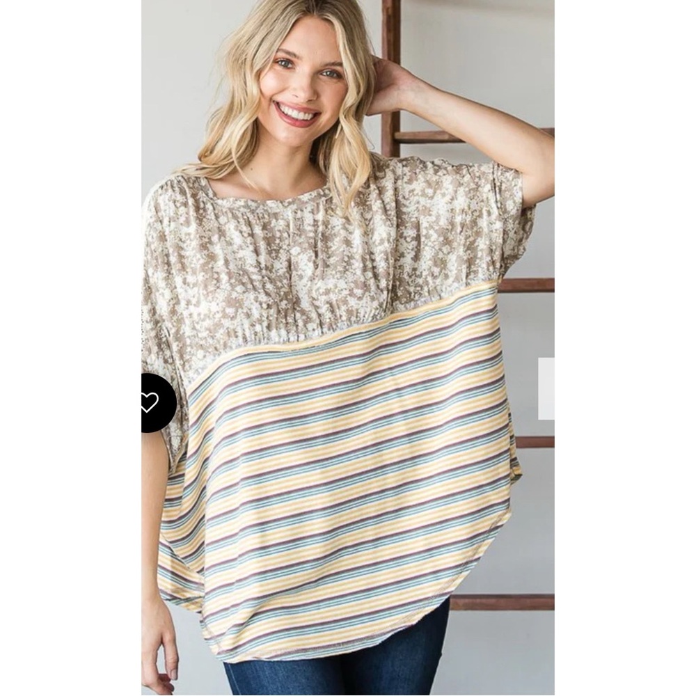 M Oli & Hali Beige Floral and Striped Mixed-Print Women’s Top